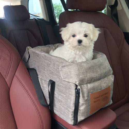 Cadeirinha presa no console do carro com cachorro