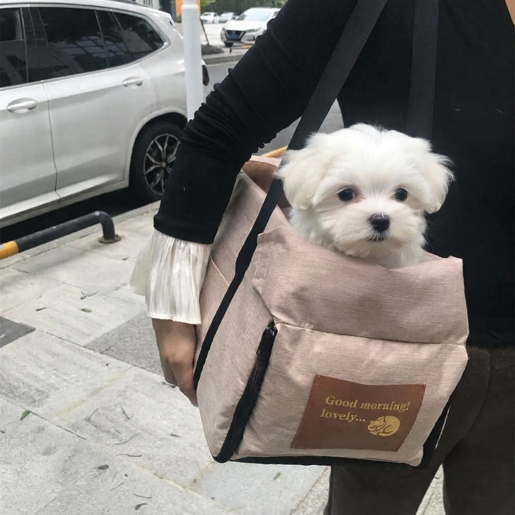Cadeirinha usada como bolsa com cachorro dentro