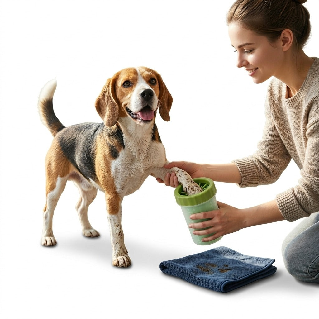 Tutora limpando a pata do beagle com o copo verde