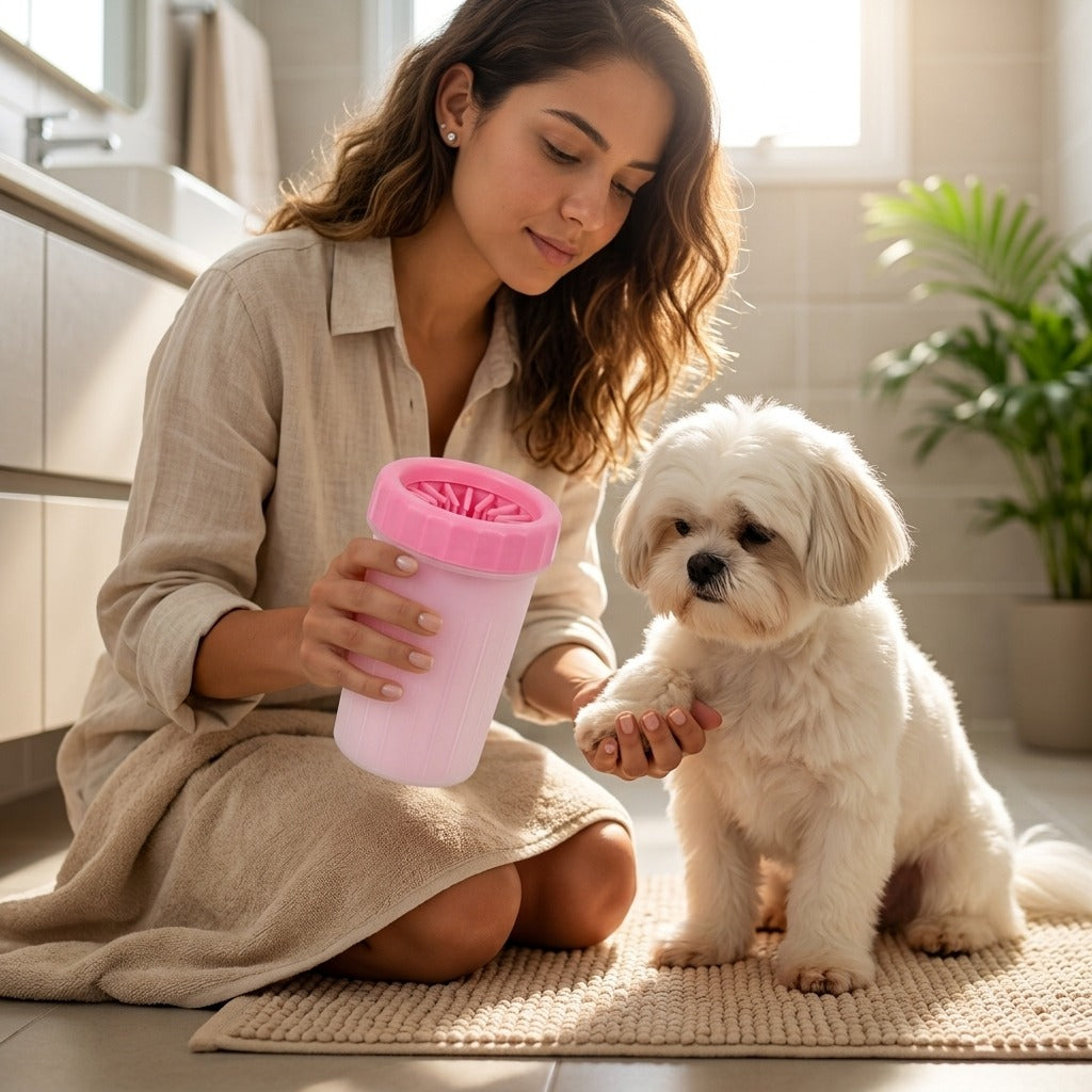 Shih Tzu e o copo limpa patas rosa