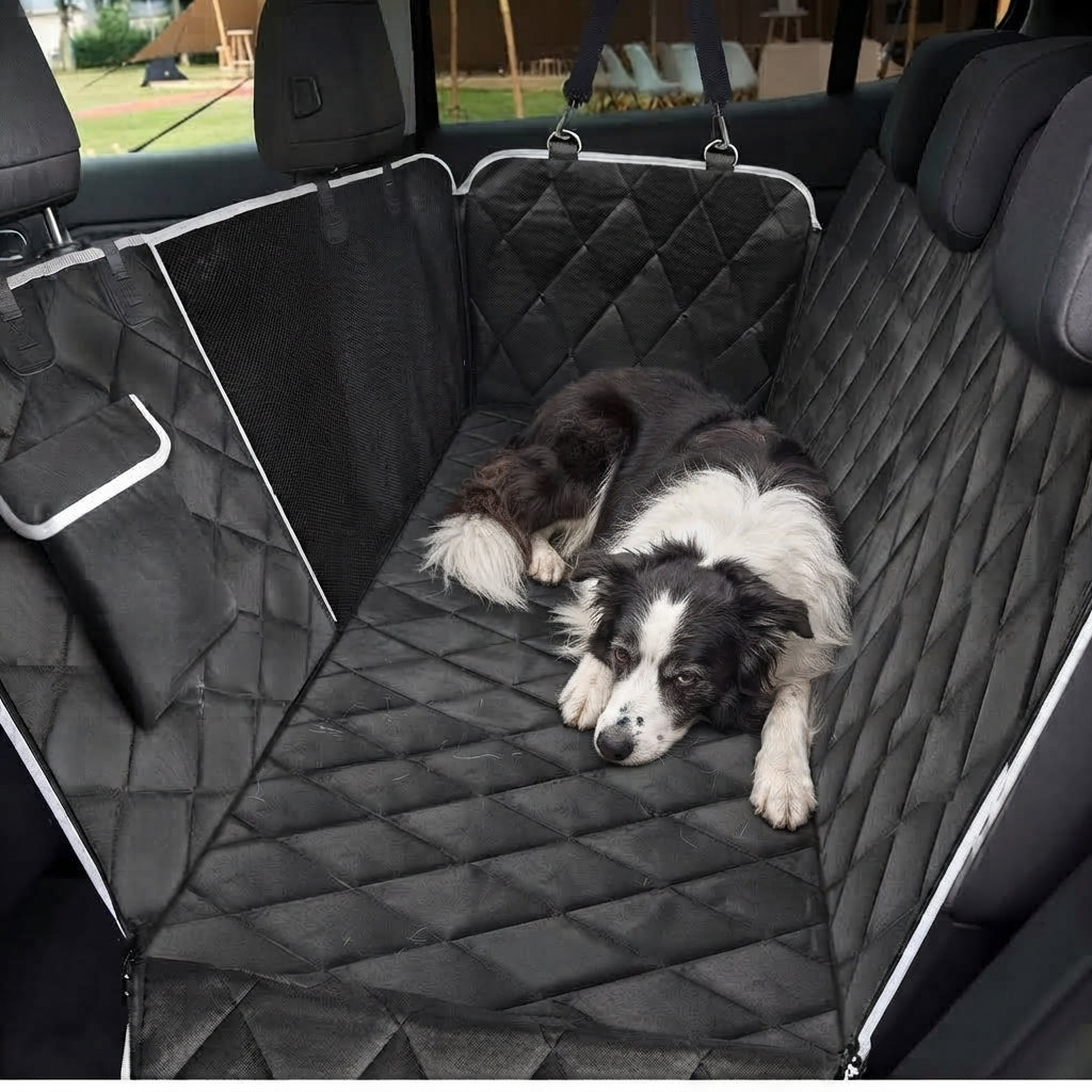 Border collie descansando no extensor no banco de trás