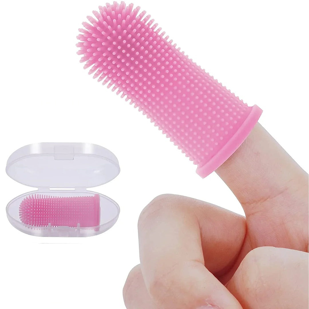 Escova de dedo rosa no dedo com estojo