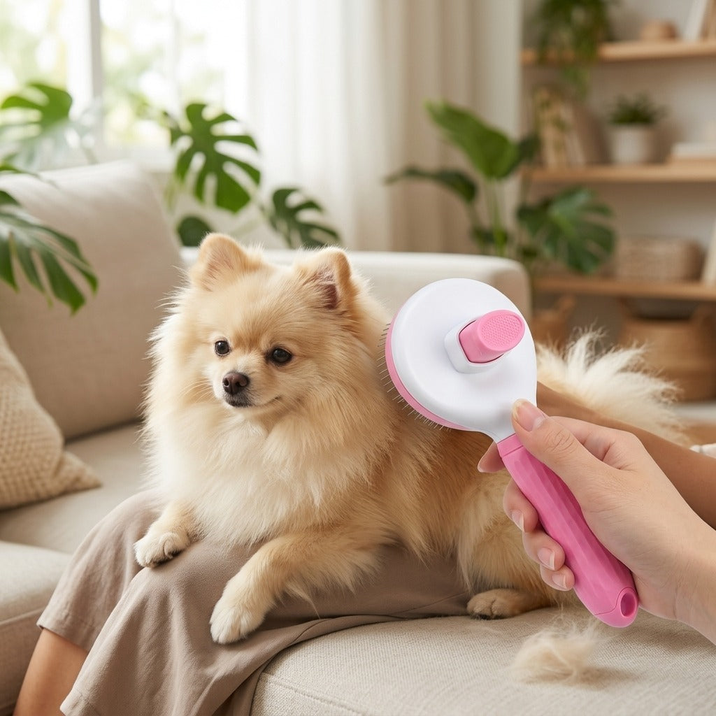 Lulu da Pomerânia sendo escovado com a escova rosa