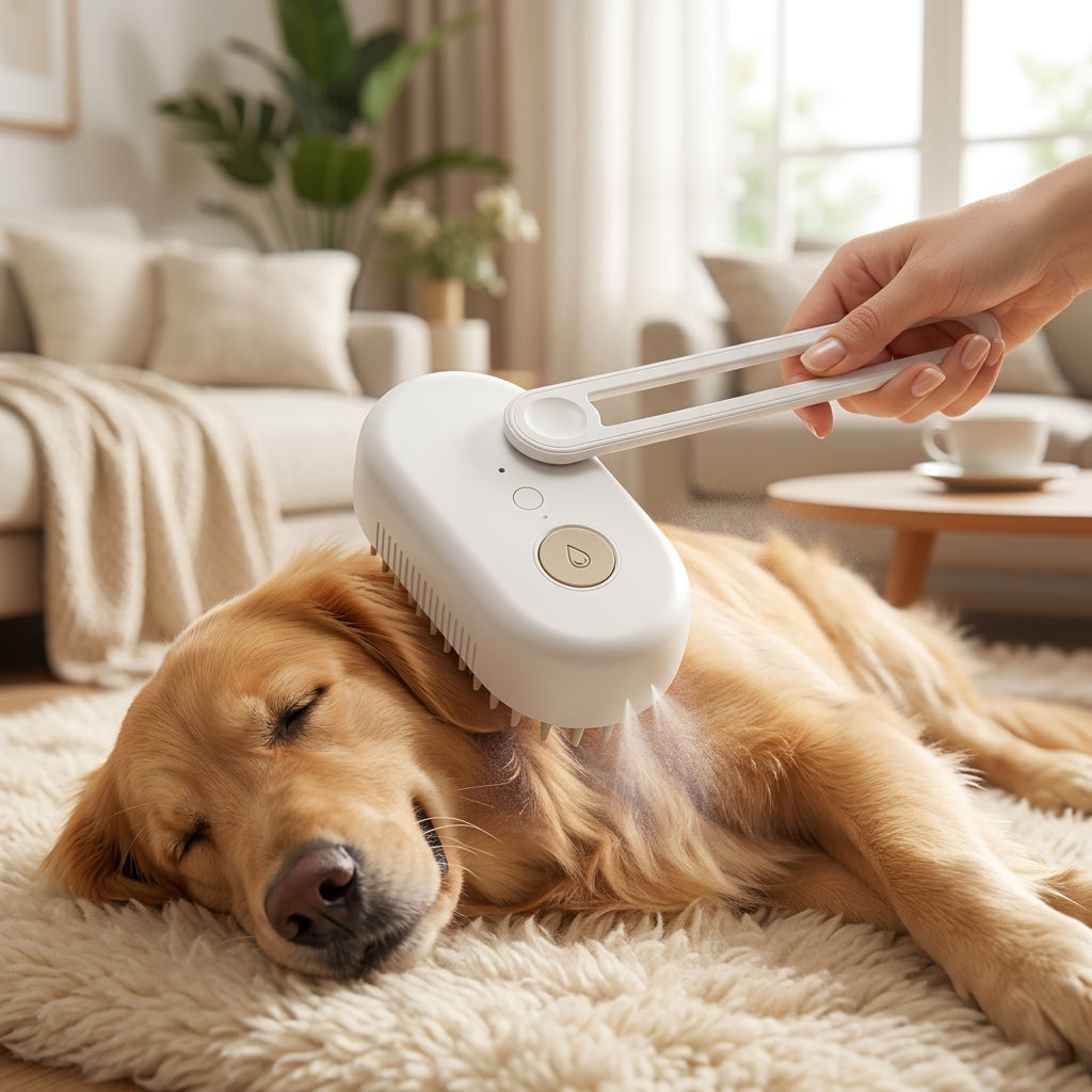 Golden retriever relaxado sendo escovado com névoa