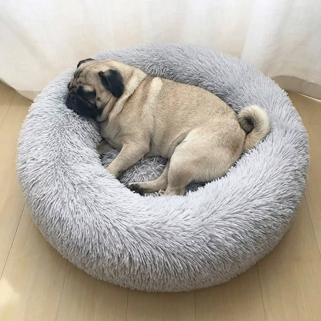 Pug dormindo na caminha donut cinza claro