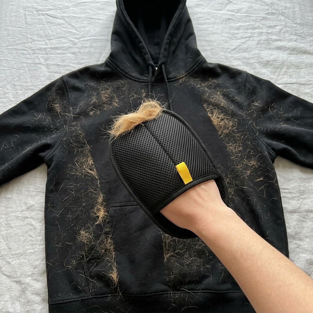 Luva tirando pelo de cachorro do moletom preto