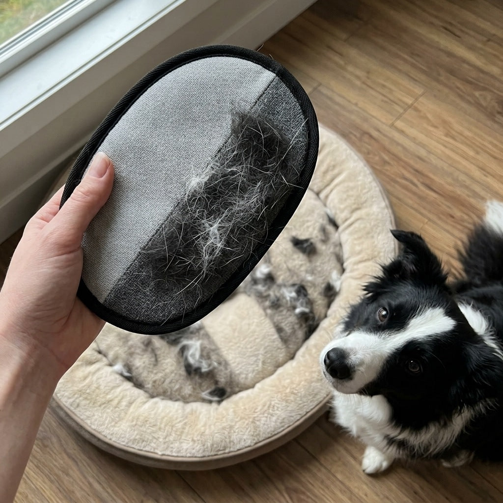 Luva cheia de pelo depois de limpar a caminha do border collie