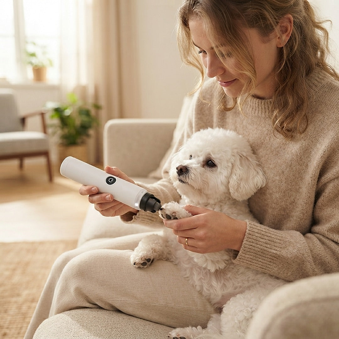 Tutora lixando a unha do cachorro no sofá