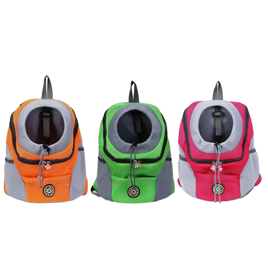 Mochila de transporte nas cores laranja, verde e rosa