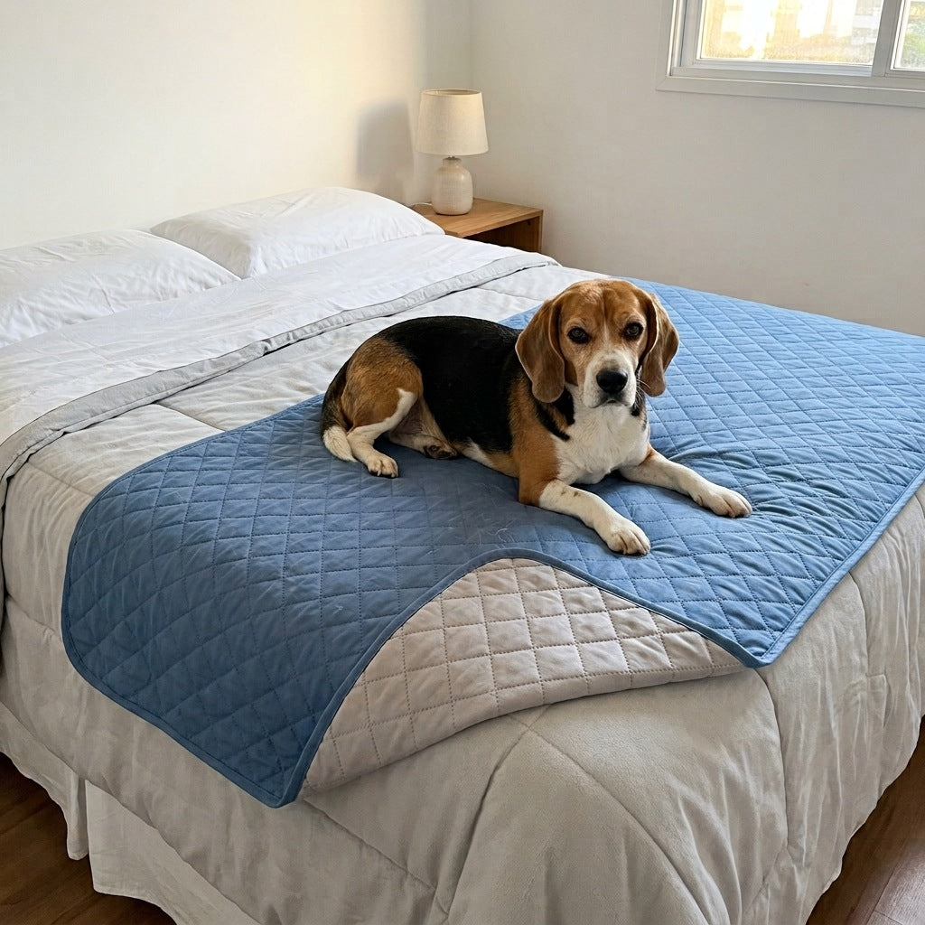 Beagle deitado na manta azul em cima da cama