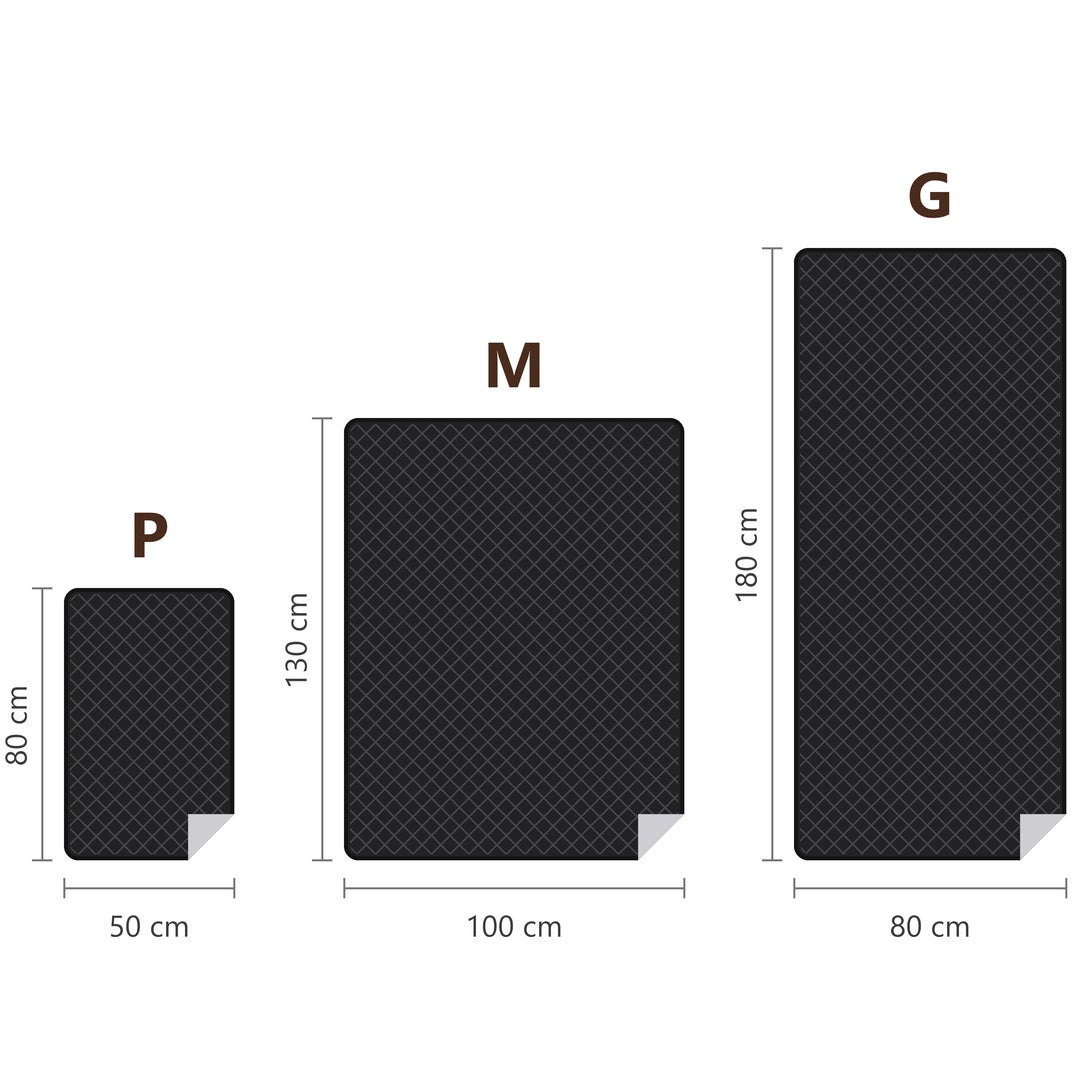 Medidas da manta: P 50 x 80 cm, M 100 x 130 cm, G 80 x 180 cm