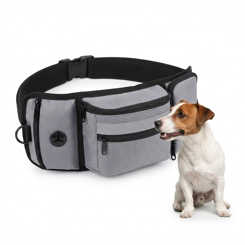 Pochete de passeio cinza com cachorro ao lado