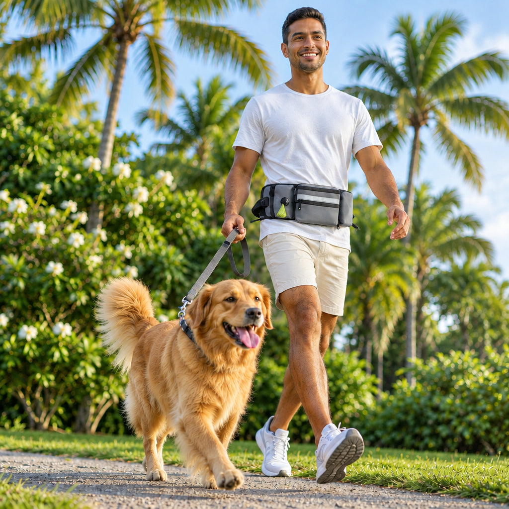 Tutor passeando com o cachorro usando a pochete