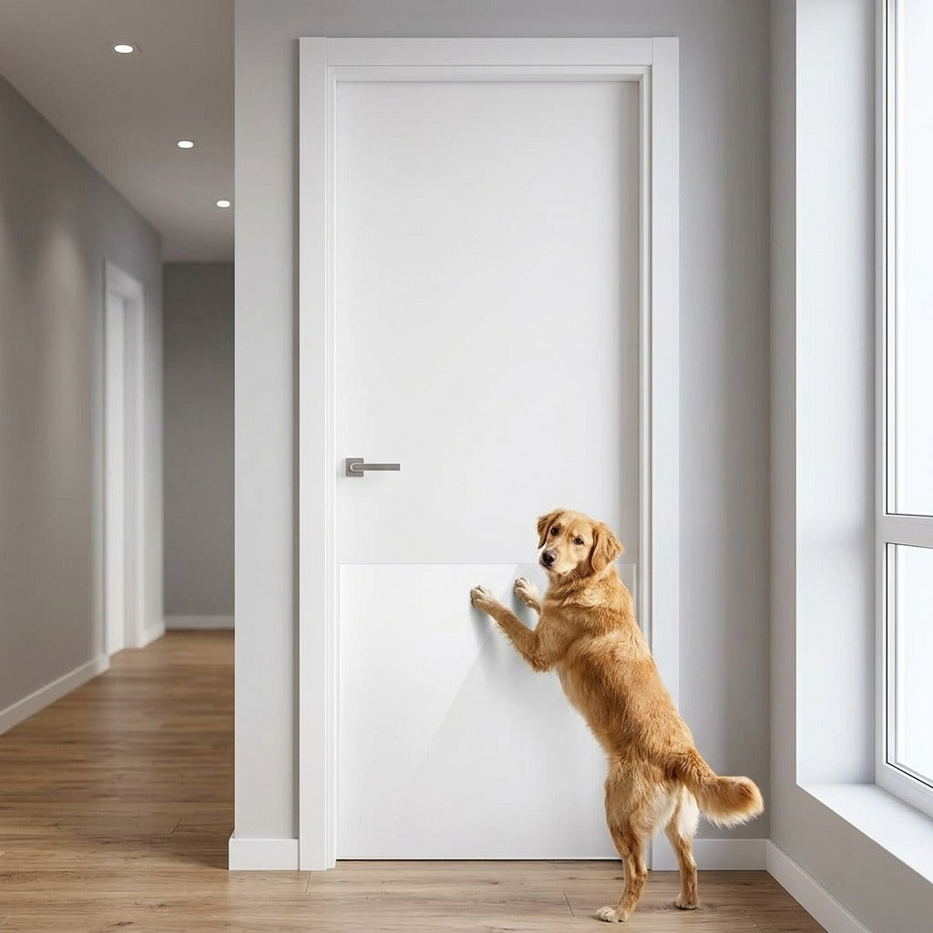 Cachorro com as patas na porta protegida pela película transparente
