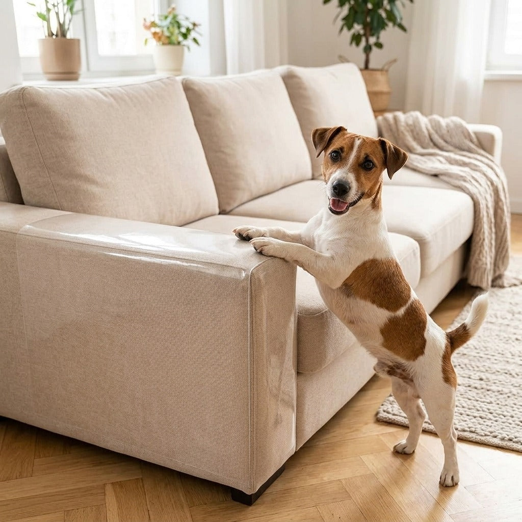 Jack Russell com as patas no braço do sofá protegido