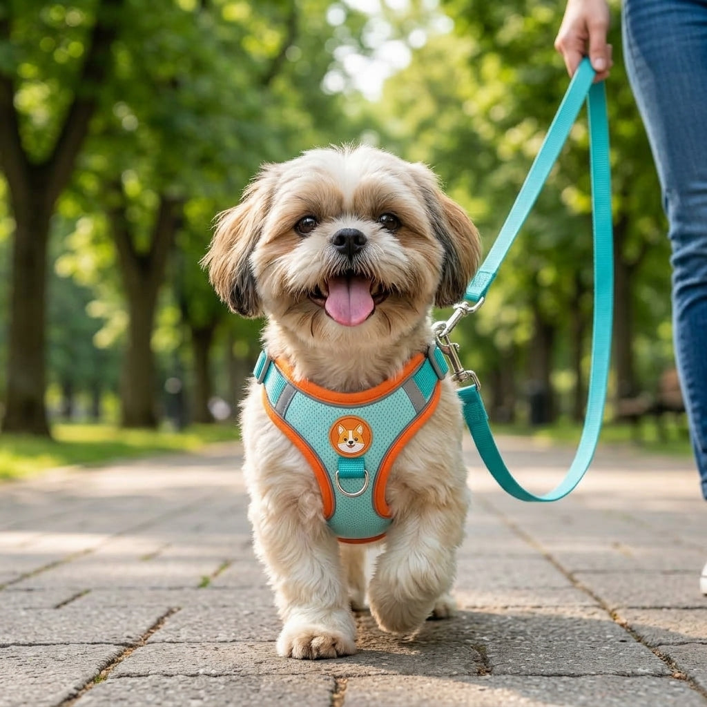 Shih Tzu passeando com o peitoral azul