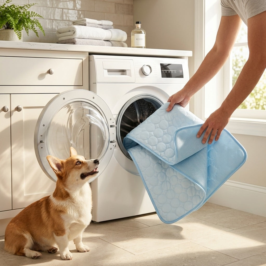 Tapete gelado indo para a máquina de lavar