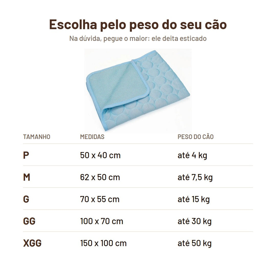 Tabela de tamanhos do tapete gelado pelo peso do cão